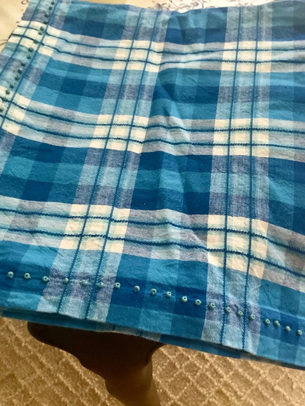 Sur La Table Blue Plaid Beaded Tablecloths 70x70 Set of 3